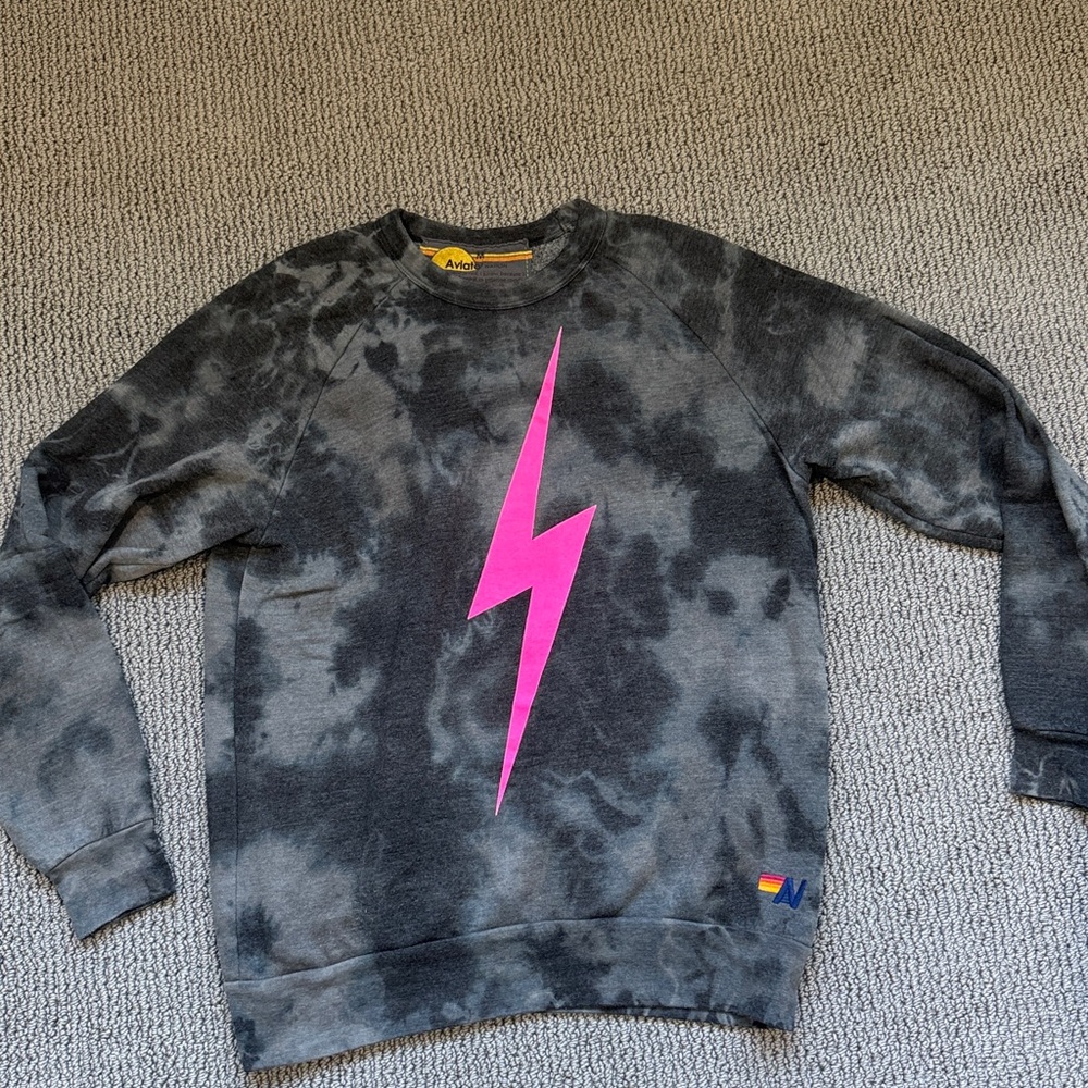 Aviator Nation Black Tie-Dye Sweatshirt with Pink Lightning Bolt